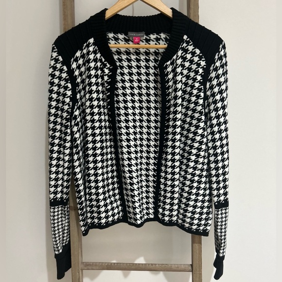 Vince Camuto Cotton Houndstooth Knit Sweater Jacket Cardigan Black White Size M - Picture 1 of 7